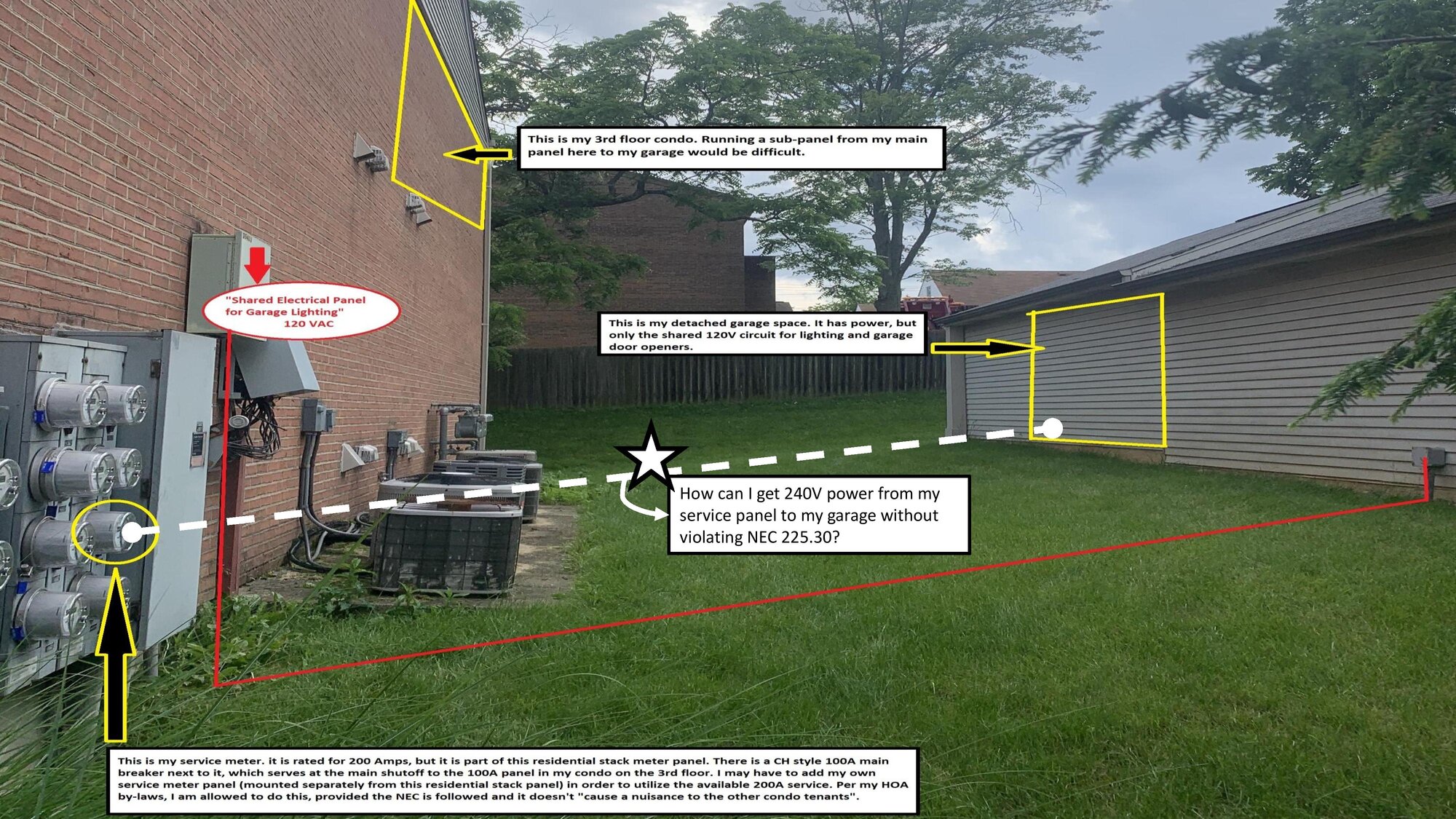 [ElectriciansForums.net] 240V to Detached Condo Garage and NEC 225.30 Violation?