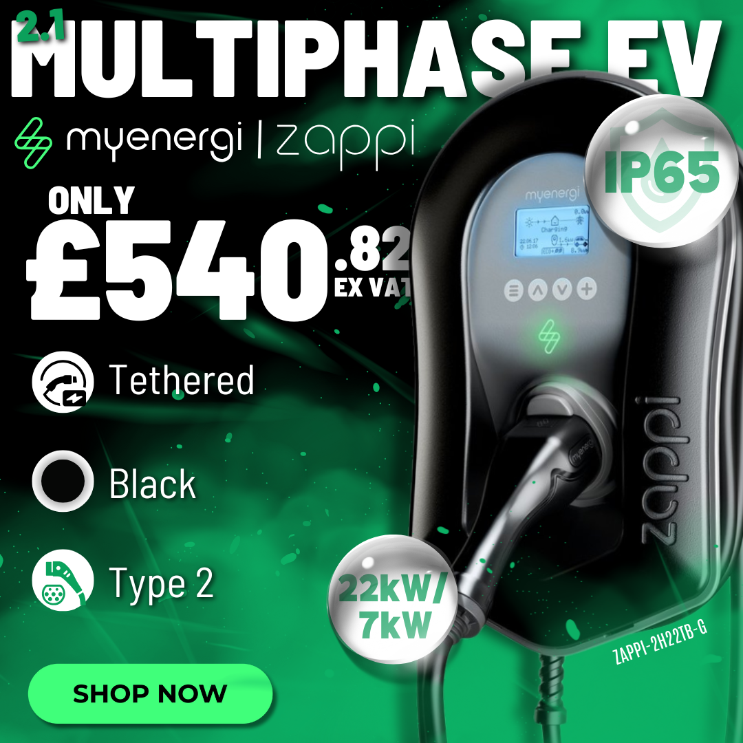 MyEnergi Zappi 2.1 Multiphase Tethered EV Charger 7kW/22kW, Black Smart Charging IP65 - ZAPPI-2H22TB-G